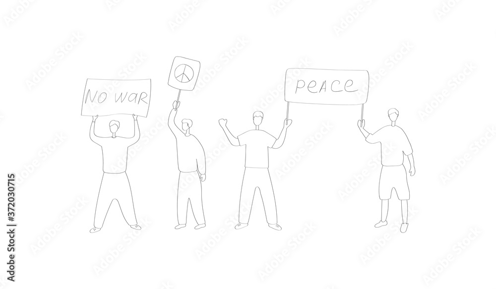People went to peaceful meeting to end war. Group of people is calling for peace. Crowd of people with placards protesting against violence. Linear vector graphic People went to peaceful meeting to end war. Group of people is calling for peace. Crowd of people with placards protesting against violence. Linear vector graphic