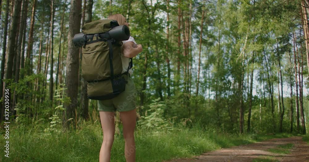 Slow motion back view: Adult caucasian woman wearing shorts and t-shirt hikes through woods. Young lady hiking Slow motion back view: Adult caucasian woman wearing shorts and t-shirt hikes through woods. Young lady hiking