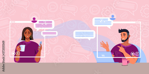 Virtual meeting or call concept with cheerful young couple talking in internet. Online relationship illustration with communicating man and women. Virtual meeting or video conference vector background