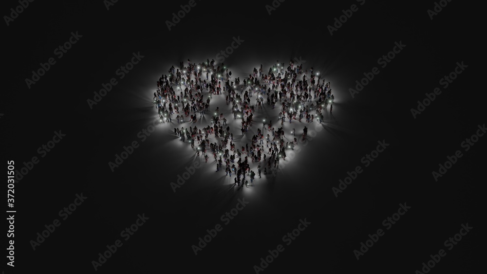 3d rendering of crowd of people with flashlight in shape of symbol of heartbeat on dark background