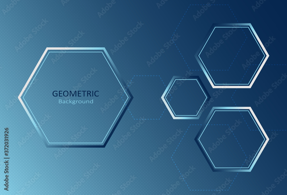 Abstract geometric template with hexagon shapes and dots pattern on blue background. Element design with copy space for text. Vector Illustration.
