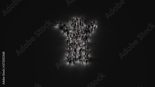 3d rendering of crowd of people with flashlight in shape of symbol of child on dark background