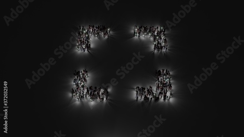 3d rendering of crowd of people with flashlight in shape of symbol of interface on dark background