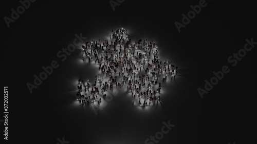 3d rendering of crowd of people with flashlight in shape of symbol of interface on dark background