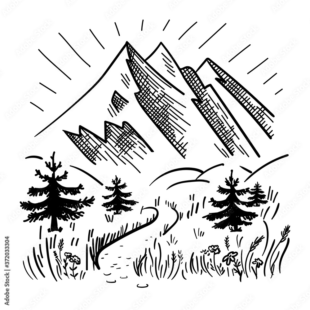 Fototapeta premium Hand drawn mountain landscape with road, spruces and grass. Monochrome landscape.