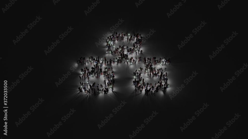 3d rendering of crowd of people with flashlight in shape of symbol of network wired on dark background