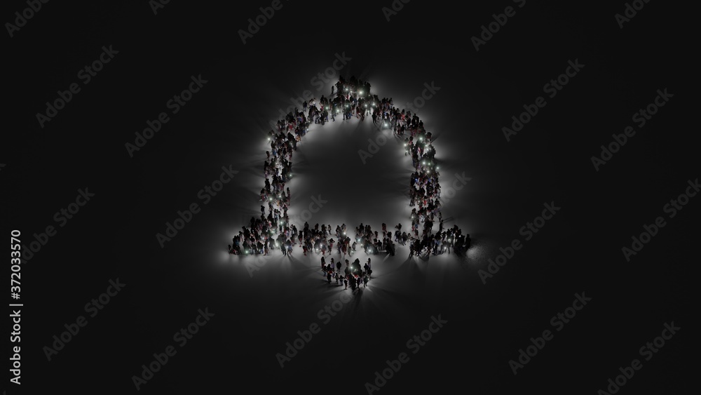 3d rendering of crowd of people with flashlight in shape of symbol of notifications bell button on dark background