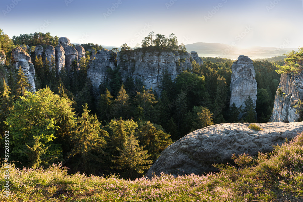Sandstone rocks at the Europe landscape in summer season. Beautiful sunset, sandstone towers. Climbing on the sandstone rock. Bohemian Paradise (Cesky Raj). One of the most spectacular hiking regions.