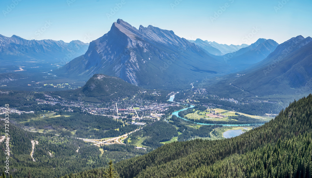 Overview of the town of Banff and Mount Rundle as seen from the top of Mount Norquay