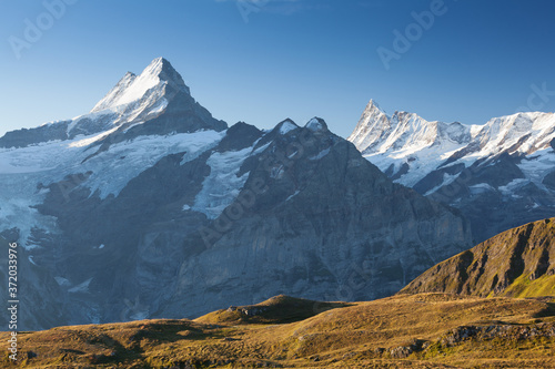 Sunrise view on Bernese range above Bachalpsee lake. Highest peaks Eiger, Jungfrau and Faulhorn in famous location. Switzerland alps, Grindelwald valley. Popular tourist attraction. Europe. 