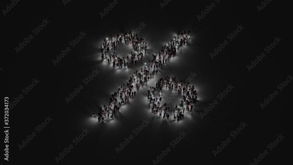 3d rendering of crowd of people with flashlight in shape of symbol of percent on dark background