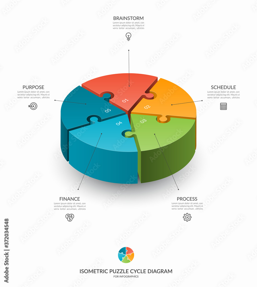 Infographic Isometric Puzzle Circular Template Cycle Diagram With 5 Steps Pieces Parts 3d 2840