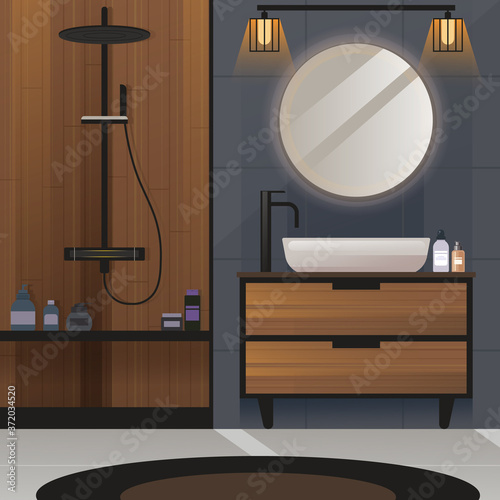 Bathroom flat interior render project idea design with wooden decoration. Vector graphic illustration