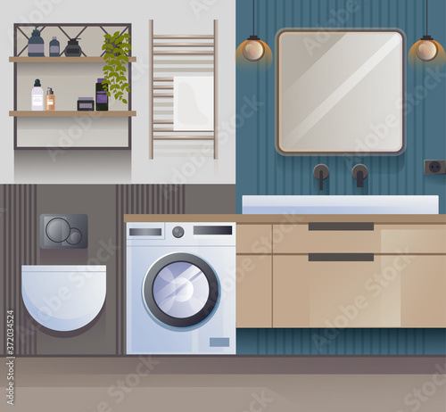 Bathroom flat interior render project idea design. Vector graphic illustration