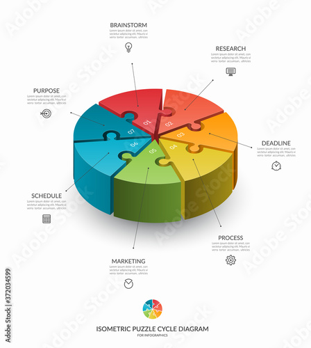 Infographic isometric puzzle circular template. Cycle diagram with 7 steps, pieces, parts. 3d process chart that can be used for report, business analytics, data visualization and presentation.