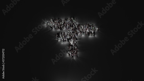 3d rendering of crowd of people with flashlight in shape of symbol of pointer on dark background