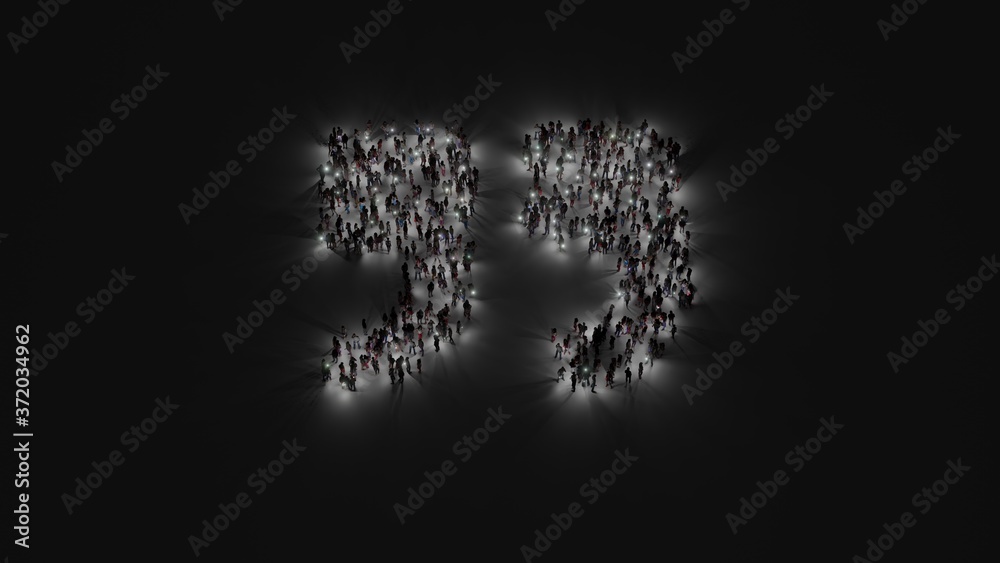 3d rendering of crowd of people with flashlight in shape of symbol of quote right on dark background 3d rendering of crowd of people with flashlight in shape of symbol of quote right on dark background