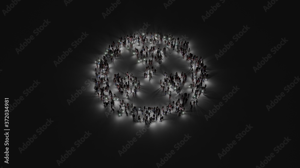 3d rendering of crowd of people with flashlight in shape of symbol of radiation on dark background 3d rendering of crowd of people with flashlight in shape of symbol of radiation on dark background