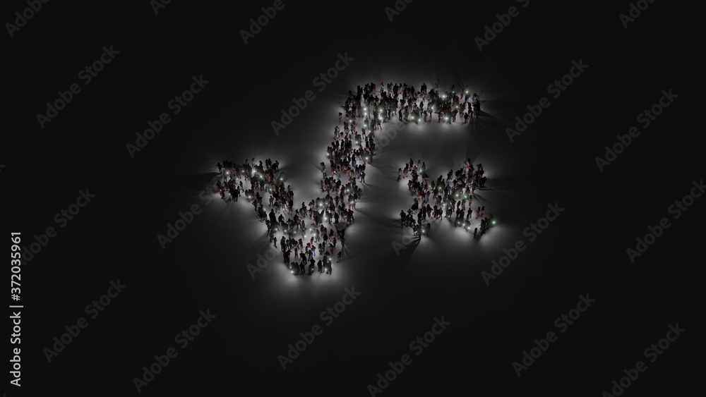 3d rendering of crowd of people with flashlight in shape of symbol of square root on dark background