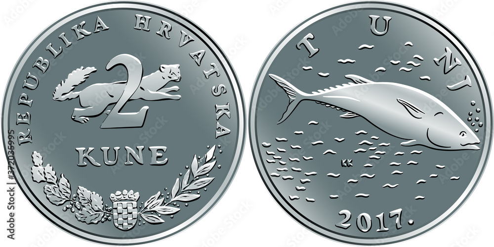 Behang Croatian 2 kuna coin, Tuna on reverse, marten, coat of arms, state title and ind