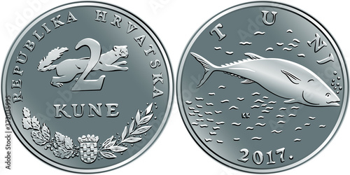 Croatian 2 kuna coin, Tuna on reverse, marten, coat of arms, state title and indication of value on obverse, official coin in Croatia