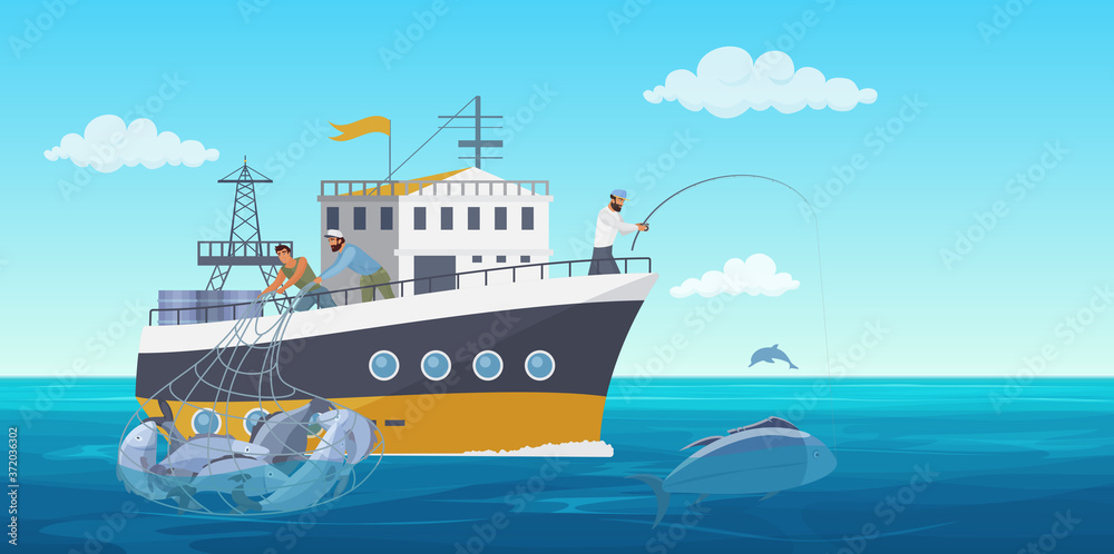 Fisher people in fishing vessel boat vector illustration. Cartoon flat  commercial fishing industry background with fisherman working, catching fish  seafood and using net. Ocean or sea nature landscape Stock Vector