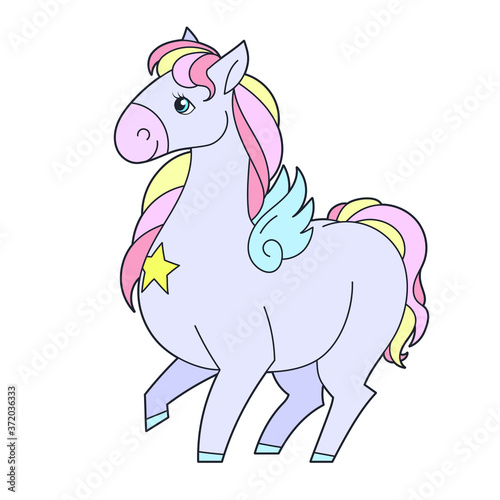 Cute hand drawn cartoon Pegasus. Vector illustration on a white background for designing baby clothes, kid print, posters, coloring page