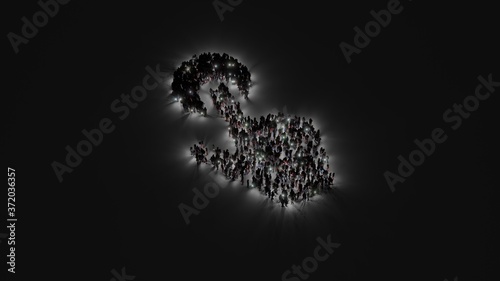 3d rendering of crowd of people with flashlight in shape of symbol of tap on dark background photo