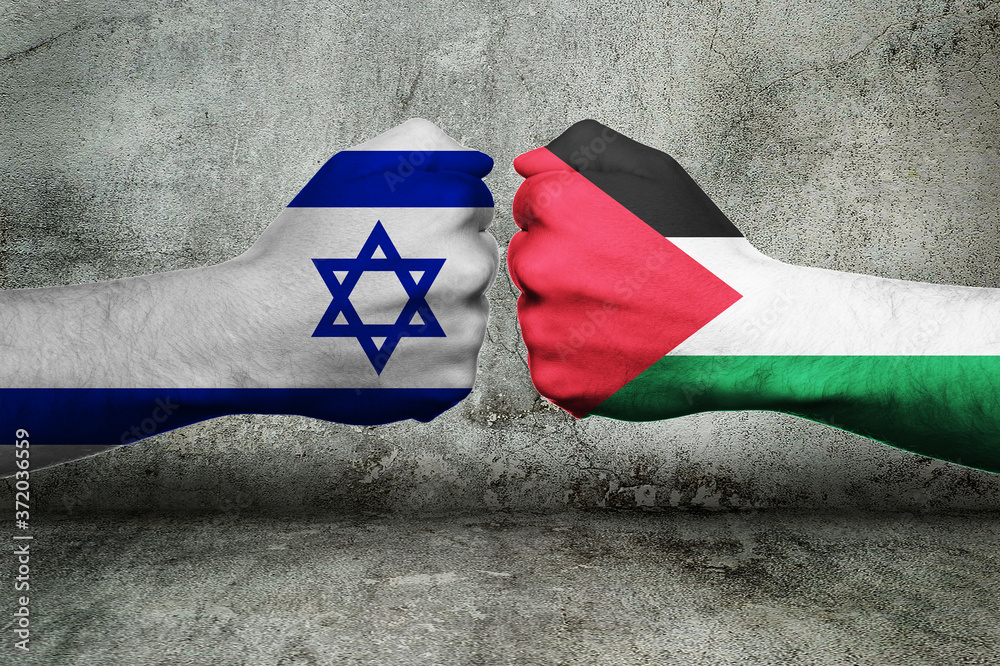 3D-Illustration of a Concept of the Conflict between Israel and the Palestinian National Authority with two opposing fists in front of a wall