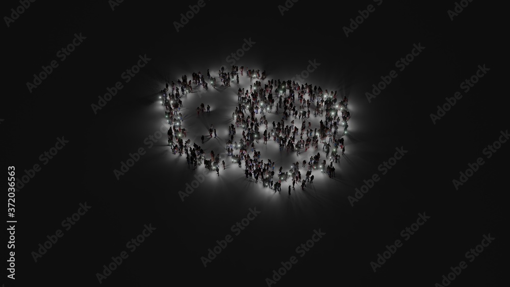 3d rendering of crowd of people with flashlight in shape of symbol of theater masks on dark background 3d rendering of crowd of people with flashlight in shape of symbol of theater masks on dark background