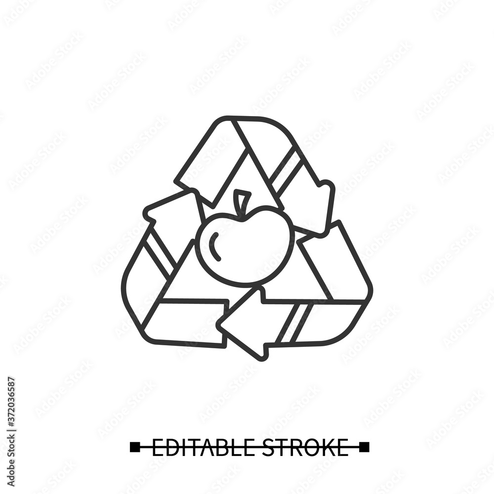Food waste recycling icon. Apple in reusable triangle linear pictogram. Concept of trash sorting and biodegradable waste handling. Editable stroke vector illustration for garbage collection Food waste recycling icon. Apple in reusable triangle linear pictogram. Concept of trash sorting and biodegradable waste handling. Editable stroke vector illustration for garbage collection