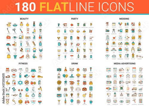 Flat thin line icons vector illustration set with beauty fashion salon symbols, fitness sport, wedding party entertainment and drink cocktails, social media advertising outline modern collection