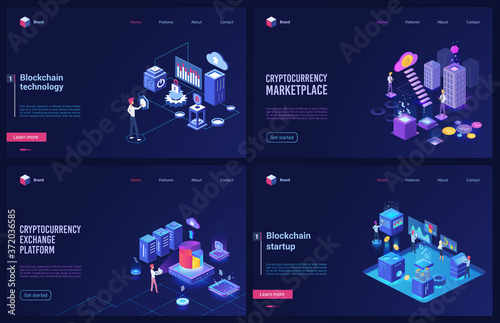 Blockchain cryptocurrency marketplace technology isometric vector illustrations. Cartoon blue 3d design template interface tech set with cryptocoin platform startup, stock exchange for digital money