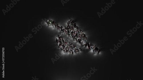3d rendering of crowd of people with flashlight in shape of symbol of tint slash on dark background