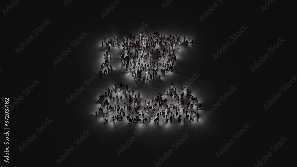 3d rendering of crowd of people with flashlight in shape of symbol of user graduate on dark background
