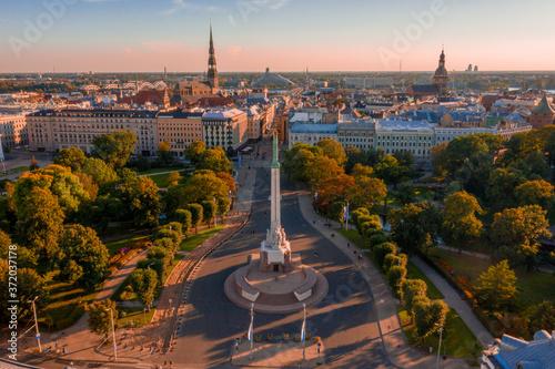 Aerial view of the freedom monument Milda with guards of honor, an important symbol of the freedom, independence, and sovereignty of Latvia photo