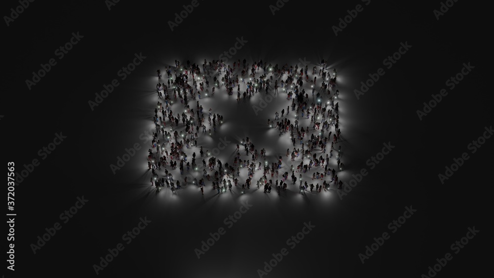 3d rendering of crowd of people with flashlight in shape of symbol of window close on dark background 3d rendering of crowd of people with flashlight in shape of symbol of window close on dark background