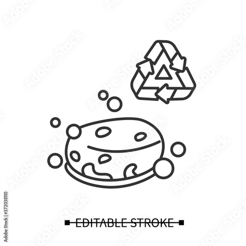 Eco sponge icon. Bubbly soap bar or organic loofah sponge with recycling linear pictogram. Concept of ecology-friendly zero waste dishes washing and householding. Editable stroke vector illustration