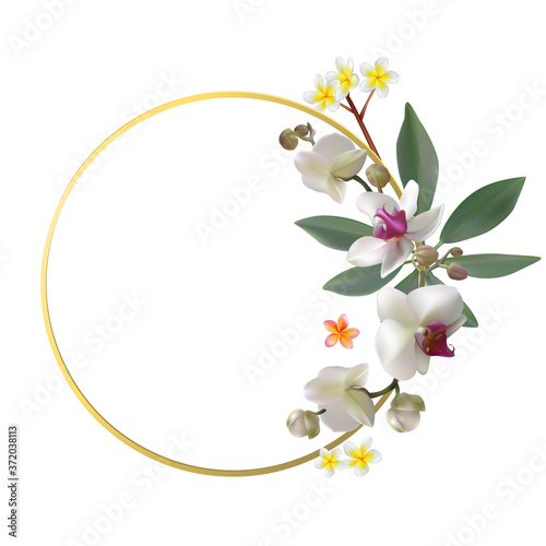 Tropical flowers. Orchids. Floral background. Green leaves. Plumeria. Frangipani. Exotic plants. Pattern. White. Gold ring.