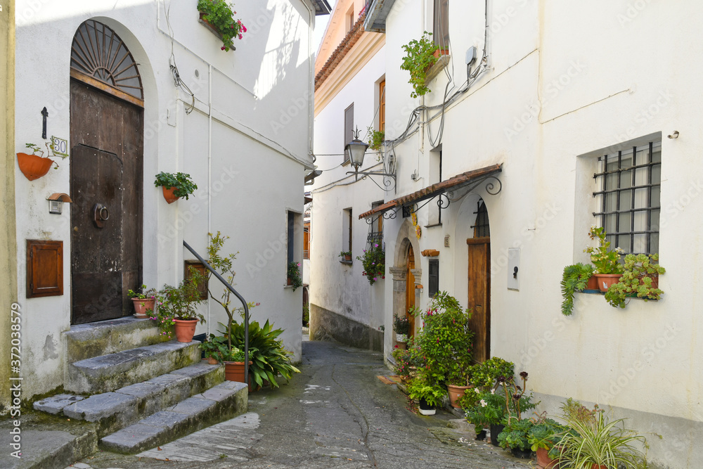 A narrow street among the old houses of Aieta, a rural village in the Calabria region.
