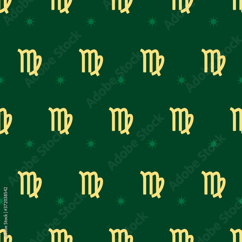 Zodiac seamless pattern. Repeating virgo gold sign with stars on the green background. Vector horoscope symbol