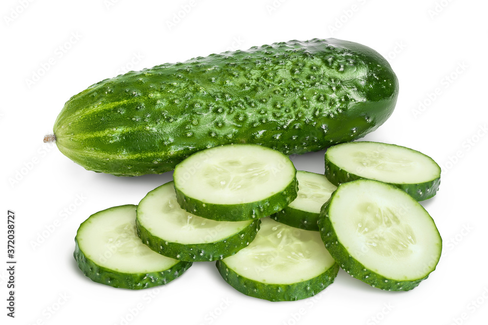 Sliced cucumber isolated on white background with clipping path and full depth of field, Sliced cucumber isolated on white background with clipping path and full depth of field,