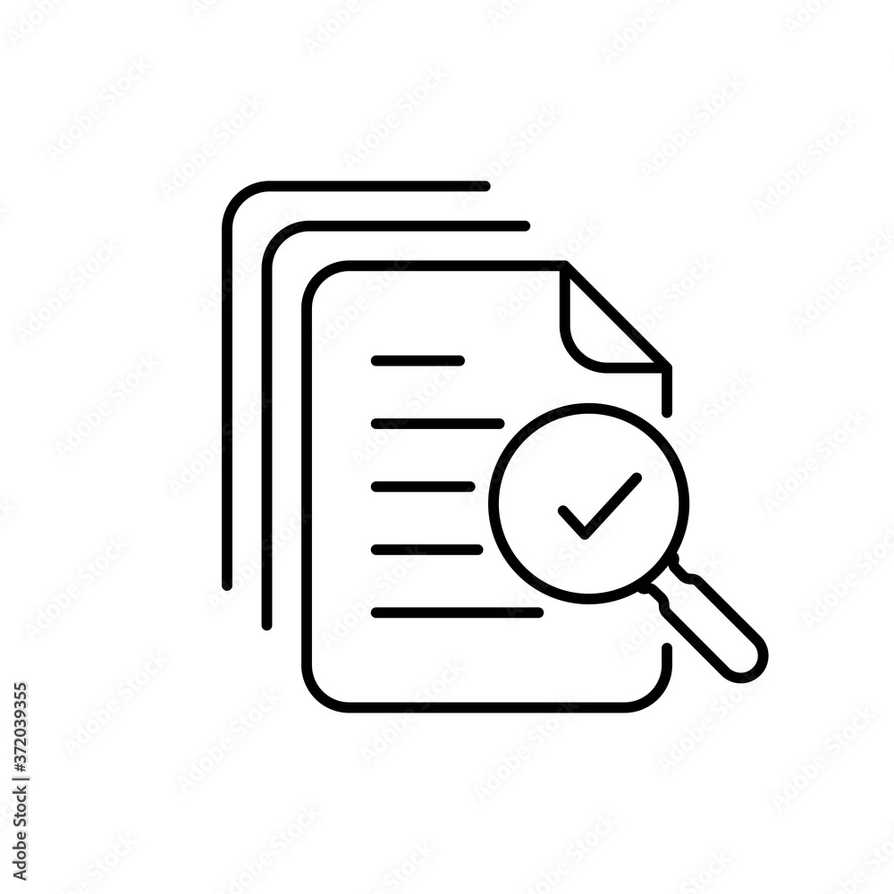 Magnifying glass like check assess. Scrutiny plan, verify service critique process and annual examination concept. Audit icon vector line style graphic design quality sign or success proven Magnifying glass like check assess. Scrutiny plan, verify service critique process and annual examination concept. Audit icon vector line style graphic design quality sign or success proven