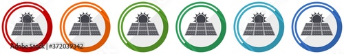 Sun over solar panel icon set, flat design vector illustration in 6 colors options for webdesign and mobile applications