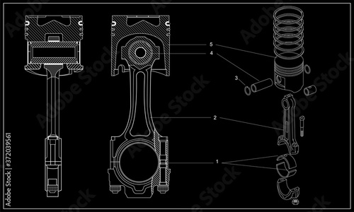 Piston drawing in the context white on black background