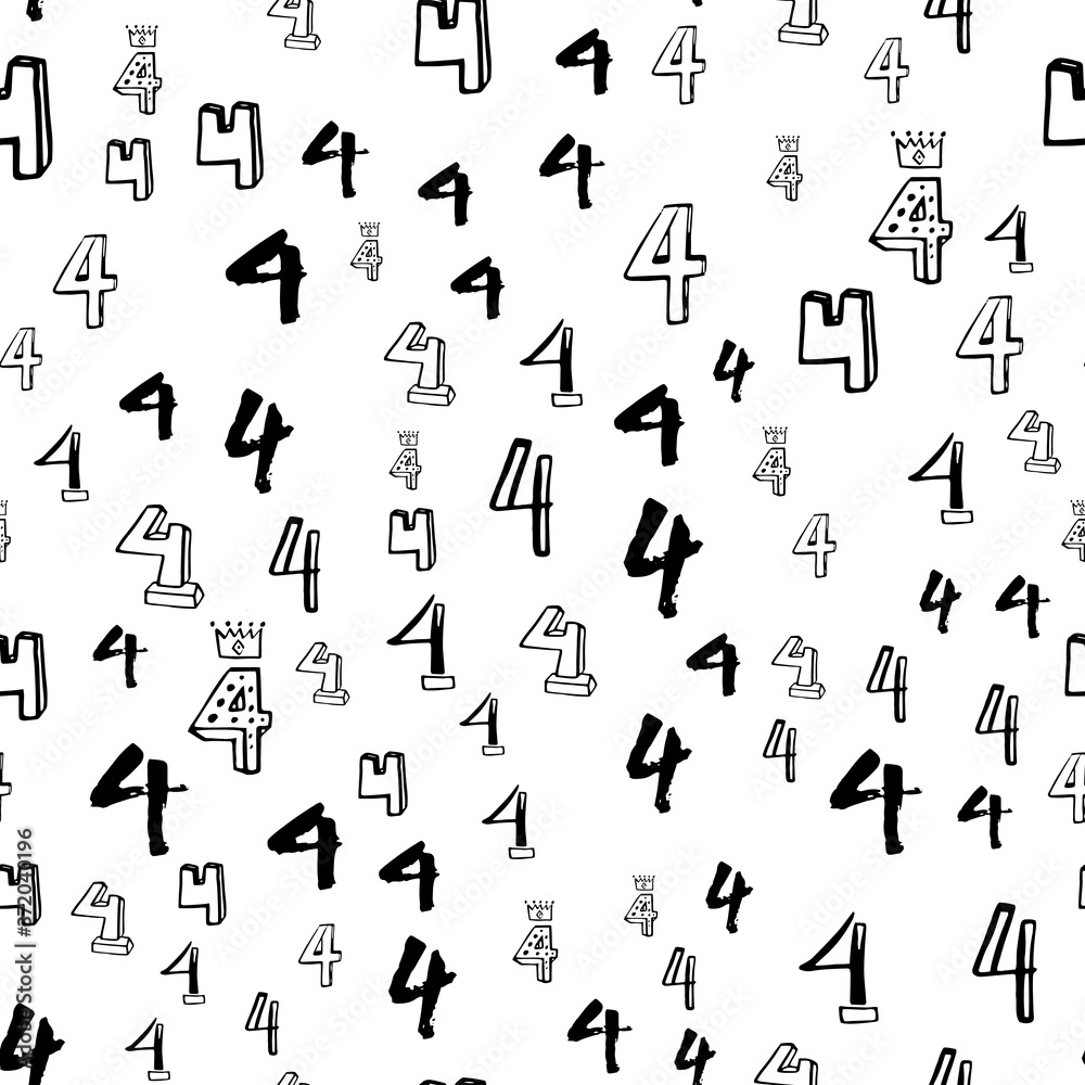 Four, 4. Vector seamless pattern with hand drawn numbers elements. Memphis geometric outline trendy modern style. Four, 4. Vector seamless pattern with hand drawn numbers elements. Memphis geometric outline trendy modern style.