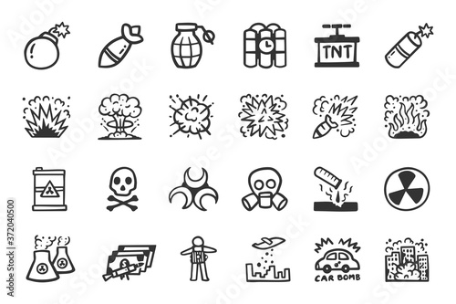 Fototapeta Naklejka Na Ścianę i Meble -  Explosion Bomb icon set. Hand drawn color doodle icons.