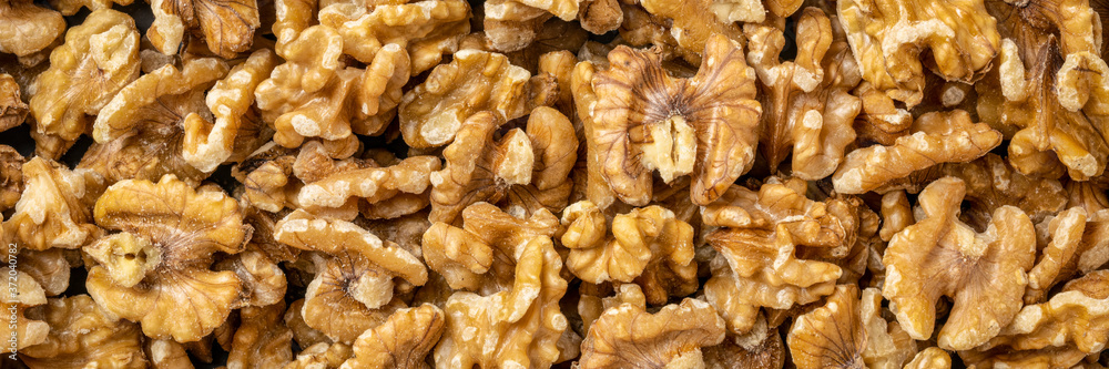 shelled English walnuts background - superfood concept, panoramic web banner shelled English walnuts background - superfood concept, panoramic web banner