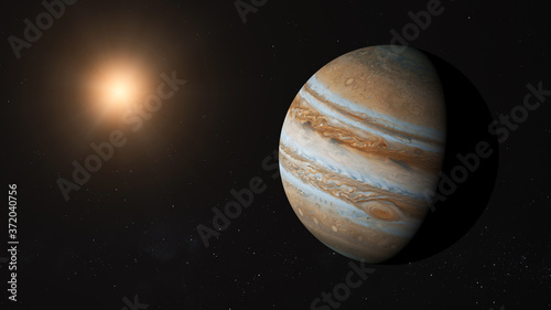 Fototapeta Naklejka Na Ścianę i Meble -  Jupiter and Sun in space. Photo realistic 3D render.