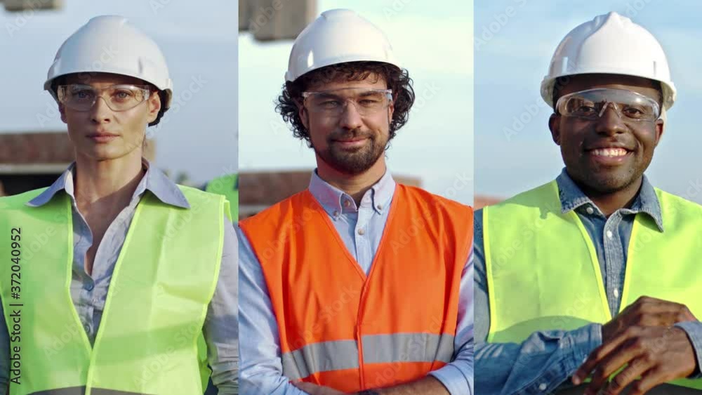 Collage of mixed-race people outdoor. Beautiful woman in helmet at construction site. Handsome Caucasian male constructor in protective glasses. African American builder looking at camera Work concept Collage of mixed-race people outdoor. Beautiful woman in helmet at construction site. Handsome Caucasian male constructor in protective glasses. African American builder looking at camera Work concept